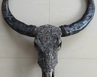 Carve buffalo skull carving floral grey