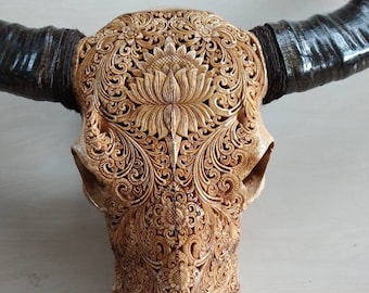 Carved buffalo skull lotus padma antic