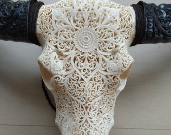 carved buffalo skull with long carved horn