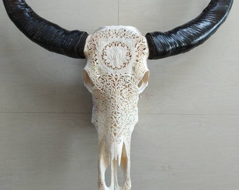 carved buffalo skull carving Lotus padma white