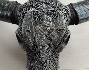 carved buffalo skull dragon grey