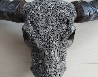 Carve buffalo skull carving floral grey