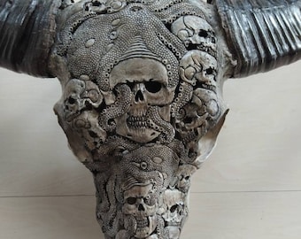 Carved buffalo skull with octopus