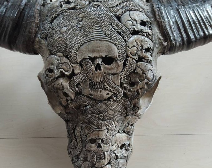 Carved buffalo skull with octopus