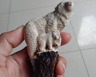 Deer antler carving knife handle bear with baby