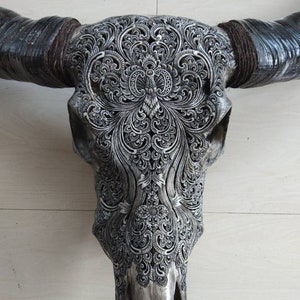 Carve buffalo skull carving floral grey