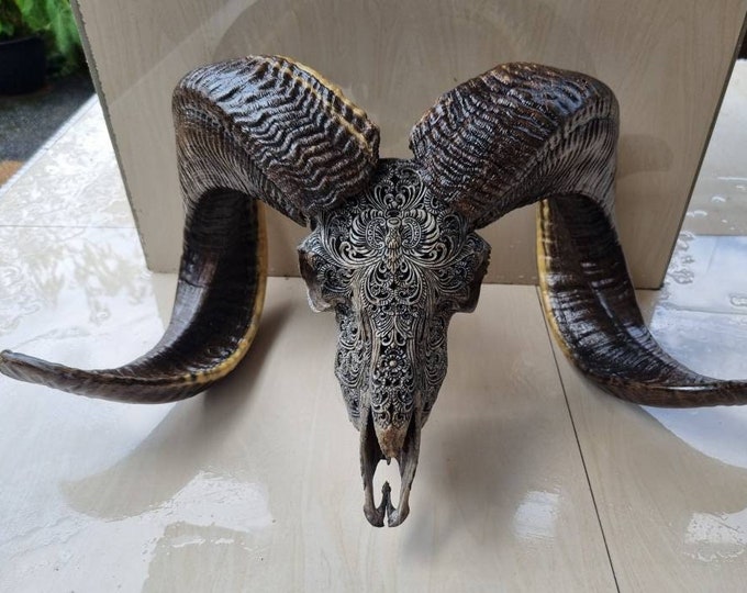 carve ram skull carving flower grey