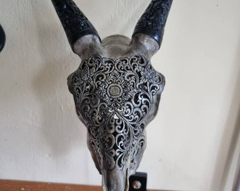 Carve goat skull carving floral grey