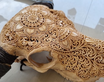 Hand Carved Buffalo Skull Wall Decor – Mandala Bone Art – Rustic Tribal Home Decor