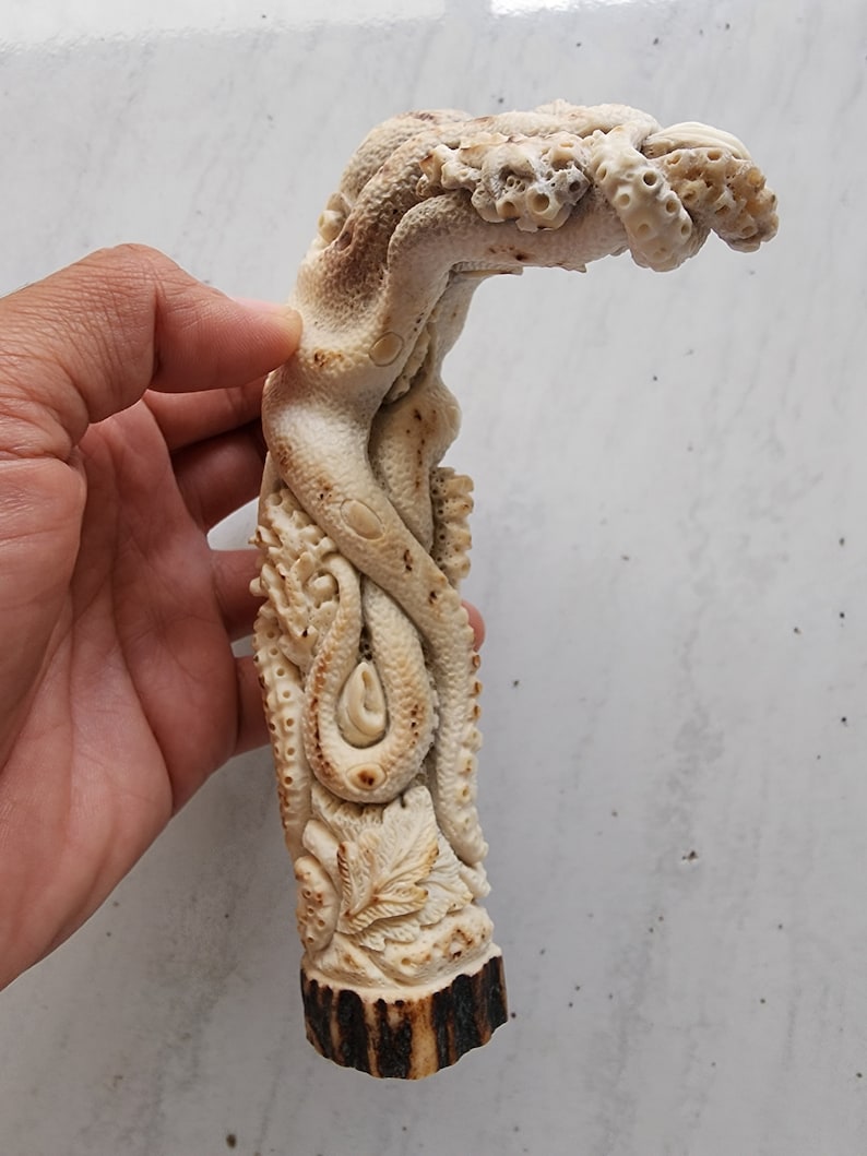 May include: A carved, off-white sculpture of an octopus with detailed tentacles and a textured surface. The base of the sculpture has a dark brown, rough texture. The octopus design is intricately carved, showcasing a unique artistic style.