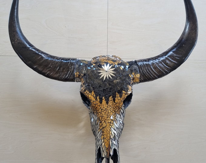 SKULL art glass mosaic gold mixed buffalo skull mirror
