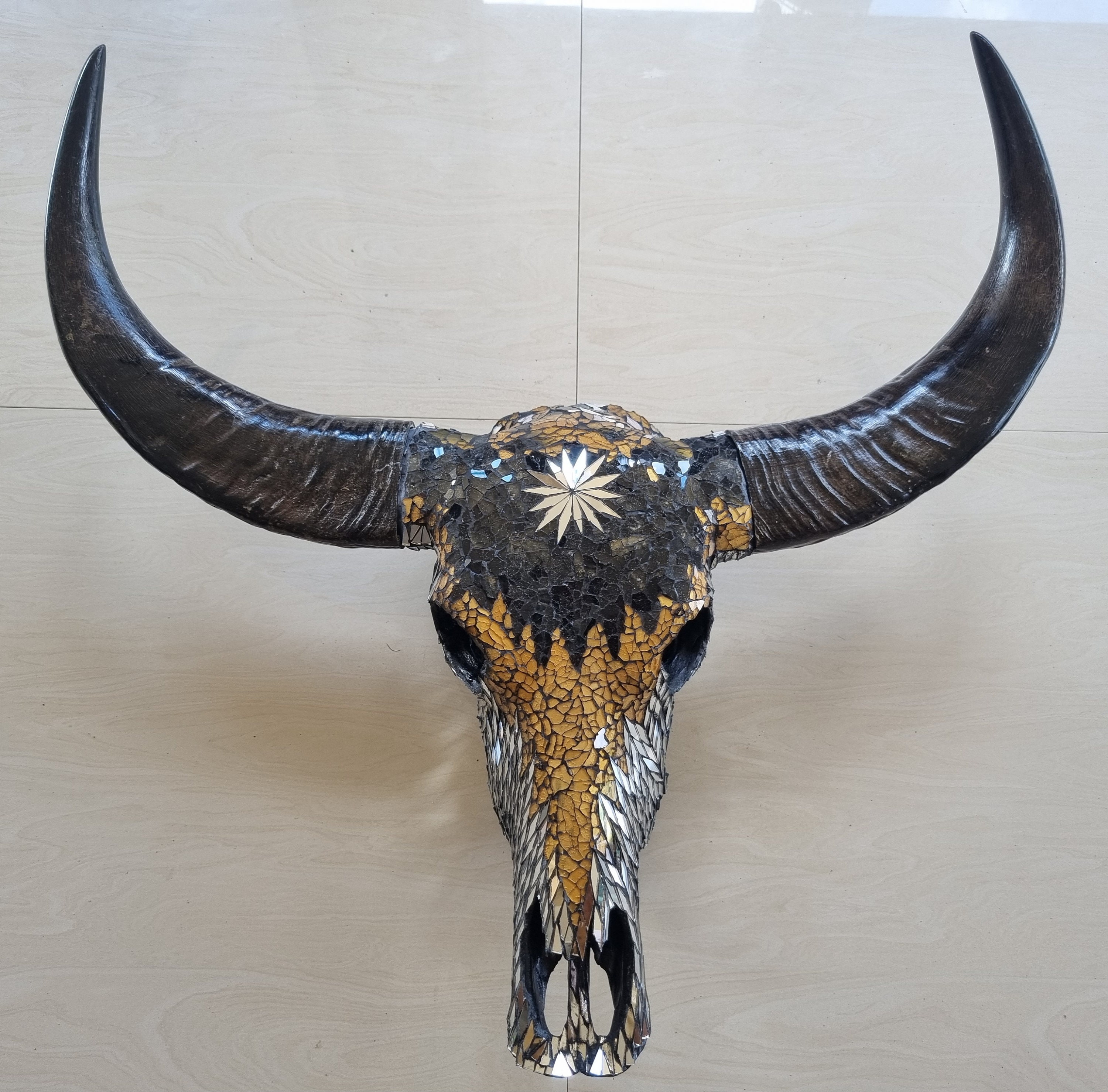 SKULL art glass mosaic gold mixed buffalo skull mirror