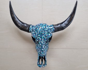 SKULL art glass mossaic mixed to buffalo skull