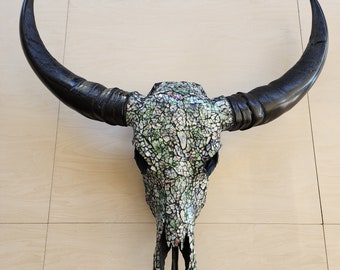 Buffalo SKULL art glass mosaic black mandala