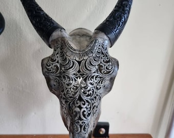 Carve goat skull carving floral grey