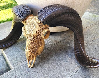 Ram Skull Carving – Handcrafted Floral Design, Boho Wall Art, Unique Animal Skull Décor