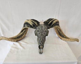 carved ram skull round mandala grey