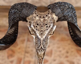 Carve ram skull half mandala silver
