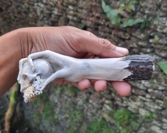 Hand-Carved Deer Antler Handle – Skull with Hand Design | Unique Bone & Horn Art | Gothic, Tribal, Boho Decor