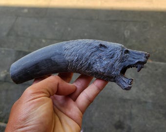 Black Buffalo Horn Knife Handle: Carved Bear