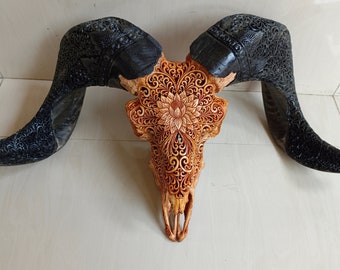 ram skull carving Lotus vicking with long carved horn decor