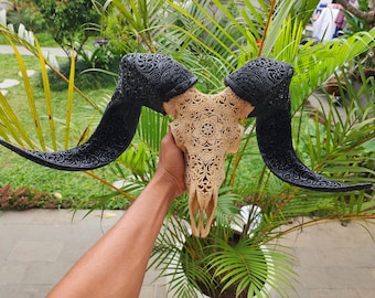 ram skull carving mandala antique with carved black horn