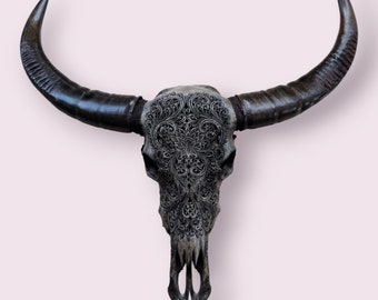 Carved buffalo skull floral grey