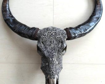 Carve buffalo skull carving floral grey
