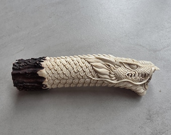 Hand Carved Moose Antler Dragon Knife Handle | Fantasy Art