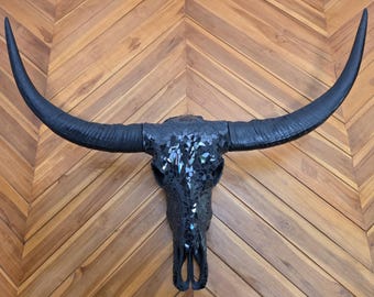 BUFFALO SKULL art glass mosaic black mirror