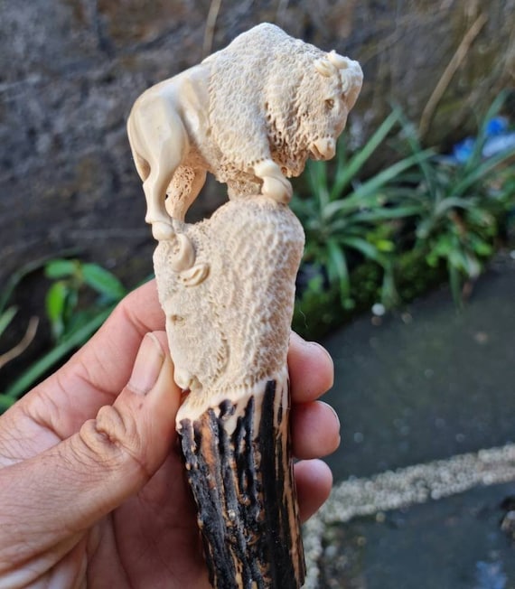 Hand Carved Deer Antler Bison Knife Handle – American Buffalo Art – Custom Hunting Knife Grip