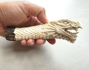 Hand Carved Dragon antler Knife Handle Custom Fantasy Grip