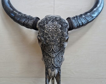 carved buffalo skull mandala grey