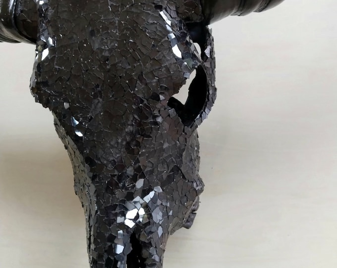 SKULL art glass mosaic black mixed buffalo skull mirror