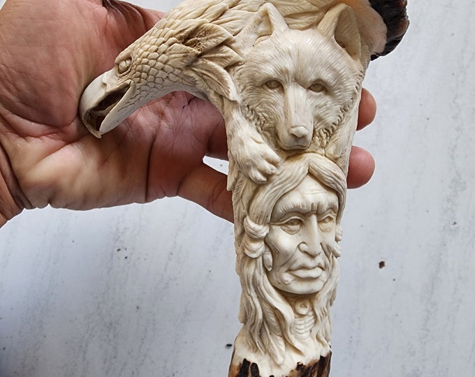 Moose antler carving handle indian native america for walking stick