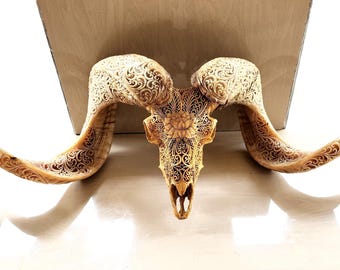 Hand Carved Ram Skull with Lotus design