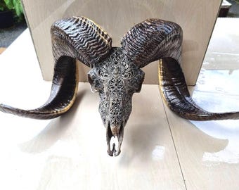 Hand-Carved Grey Ram Skull with Floral Design | Unique Home Decor