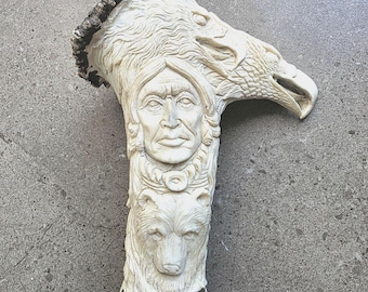 Hand-Carved Antler Cane Handle – Eagle, Wolf & Native Elder Design