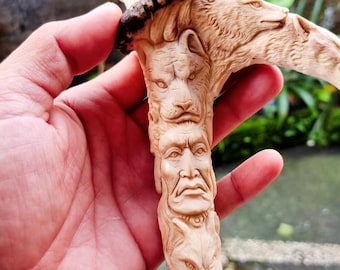 Deer antler carving cane handle walking stick