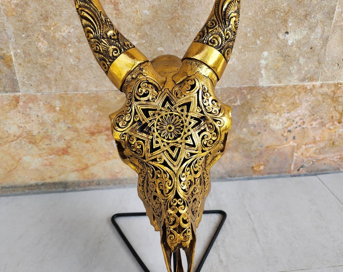 Carve goat skull carving mandala star gold