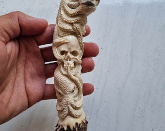 Knife handle antler carving skull octopus
