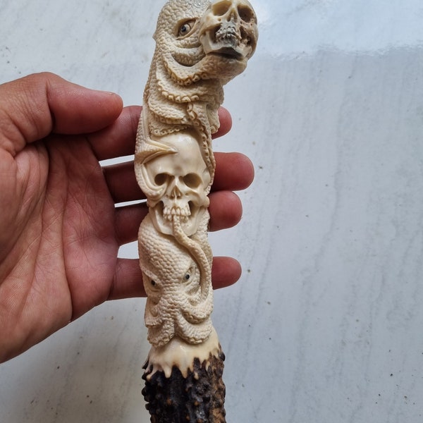 Knife handle antler carving skull octopus