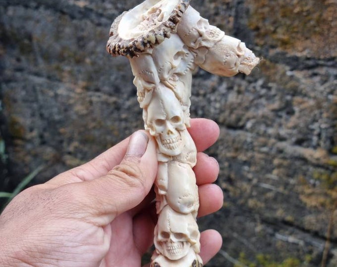 Deer antler carving knife handle Skull