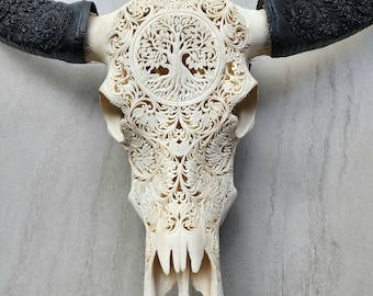 carve buffalo skull tree of life white carved horn