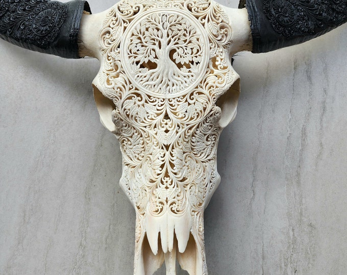 carve buffalo skull tree of life white carved horn