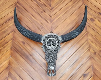 Hand-carved buffalo skull wall decor – Tree of Life motif – Gray finish – large wall hanging
