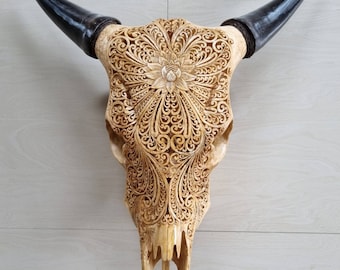 carved cow skull lotus