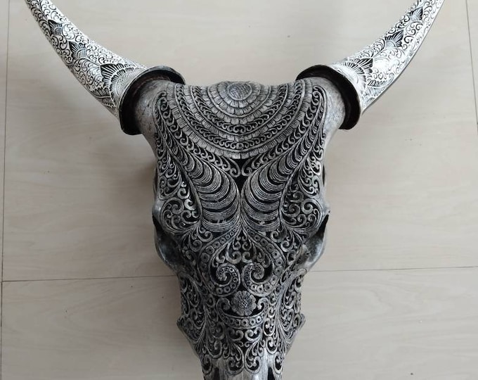 cow skull carving BOHO wall decor with carved horn tatto planted