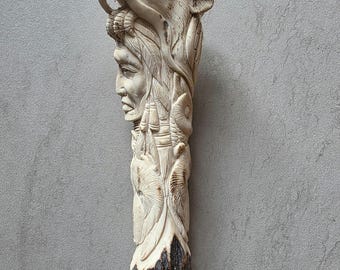 Hand Carved Bone Handle – Tribal Warrior Figure – Antique Style Cane or Knife Handle