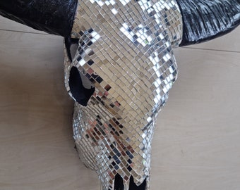 SKULL glass mosaic buffalo skull mirror